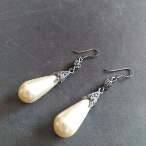 Pearl & Marcasite Drop Earrings on French Wire